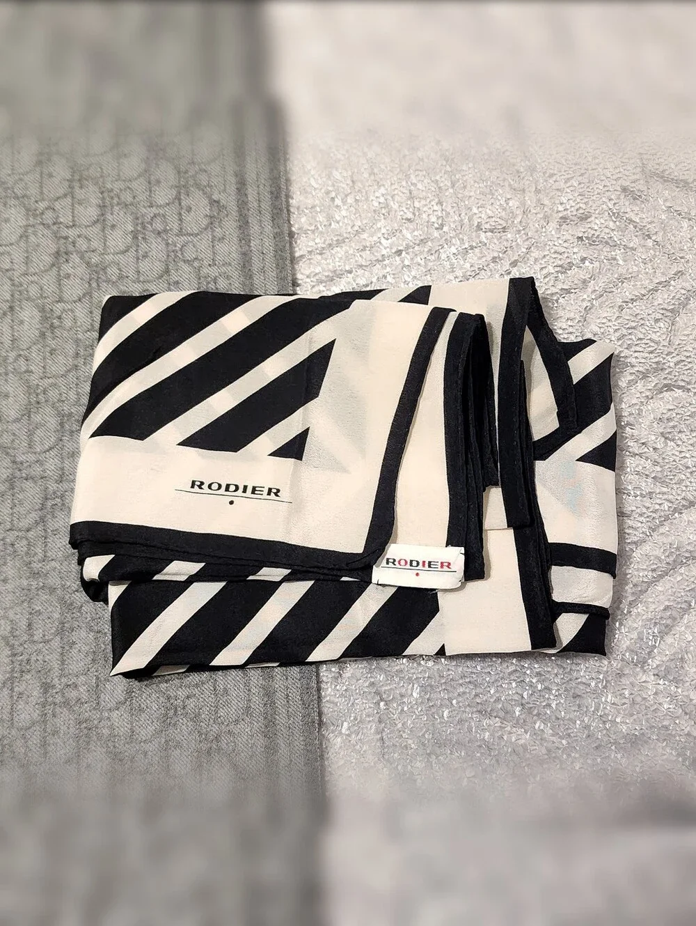 RODIER Vintage Black and Cream Striped Silk Scarf Large Square 32